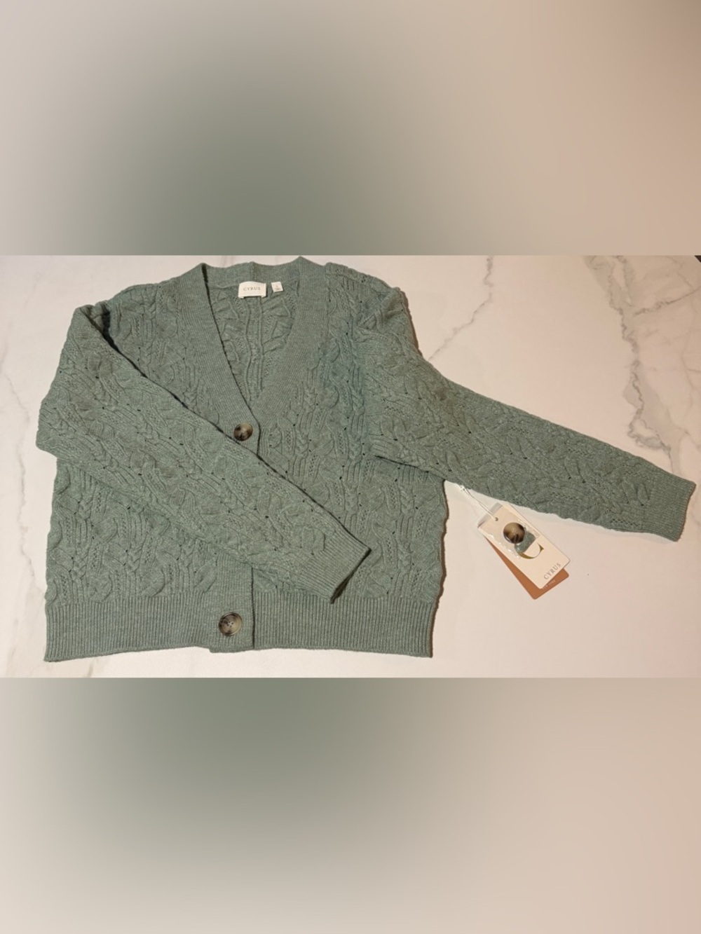 Cyrus Sage Green Cable Knit Button-Up Cardigan S - Picture 3 of 10